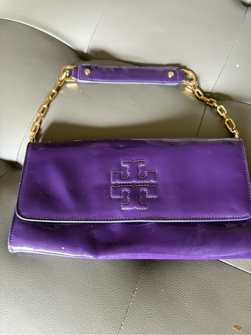 Tory Burch Purple Patent Leather Chain Shoulder Bag with Gold Hardware